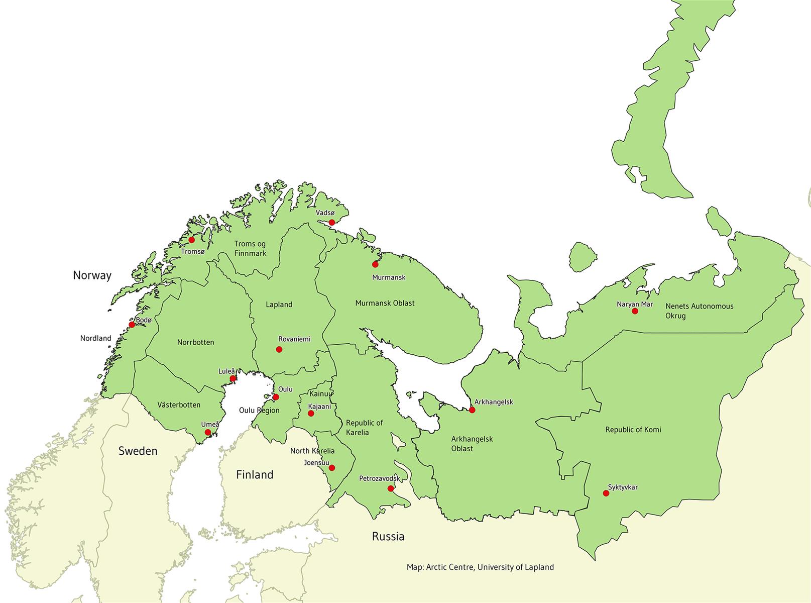 Map of the Barents Euro-Arctic Region with county capitals